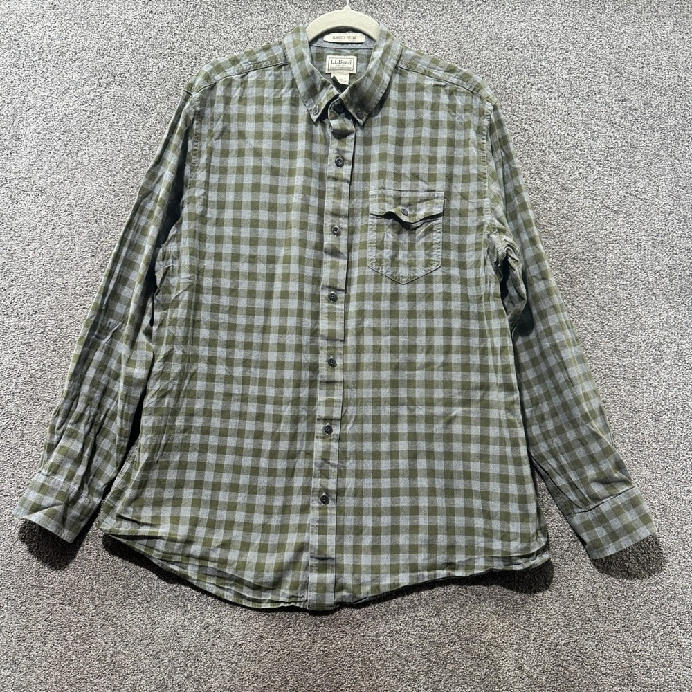 LL Bean Button Up Shirt Large Green Plaid Slightly Fitted Long Sleeve Flannel